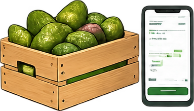 Caja de fruta junto a un móvil con la subasta recién creada